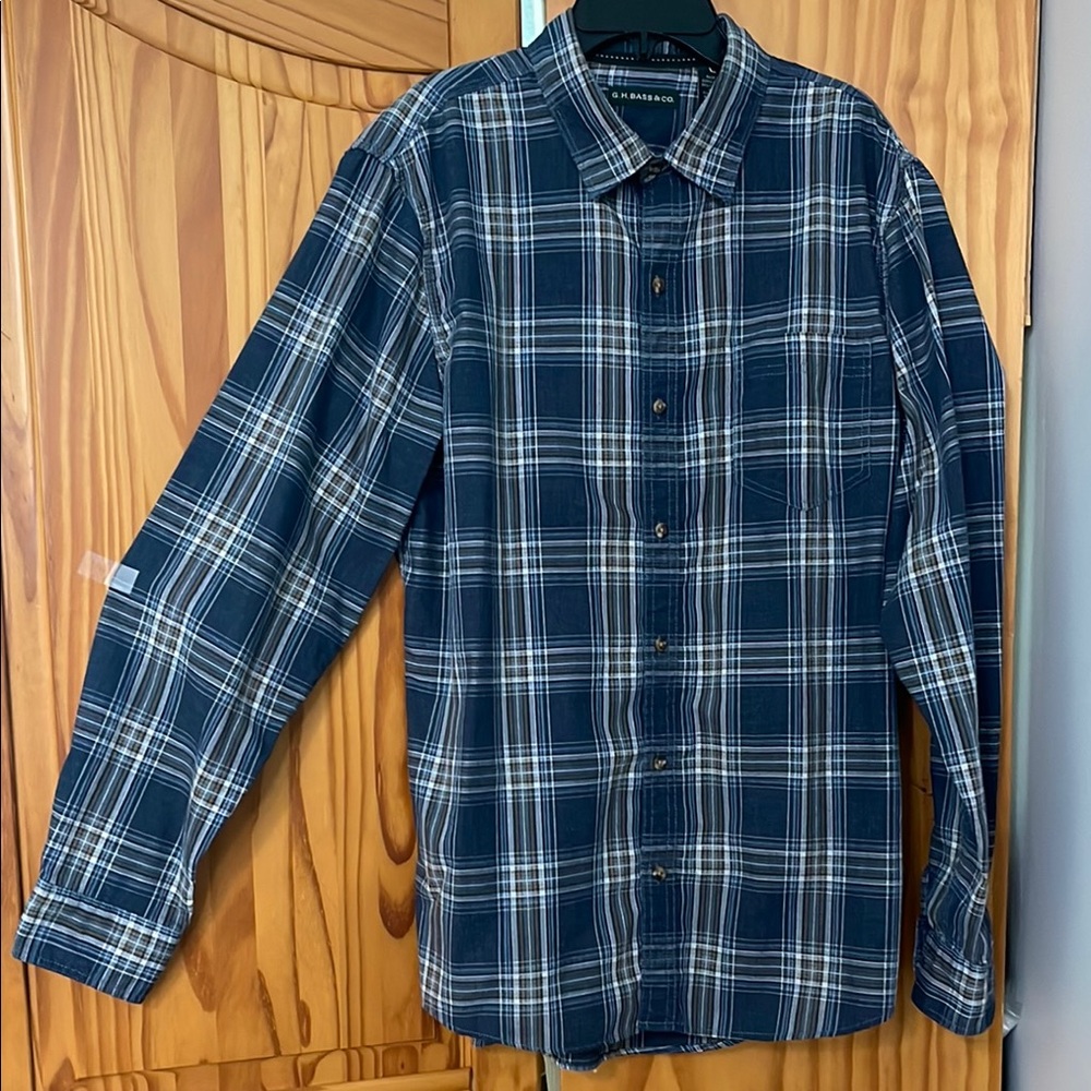 G.H. BASS & CO PLAID DRESS SHIRT MENS L BUTTON-UP LONG SLEEVE BLUE WHITE BROWN